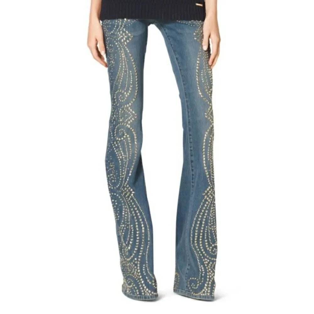 👖 Michael Kors New Gold Studded Flare Jeans